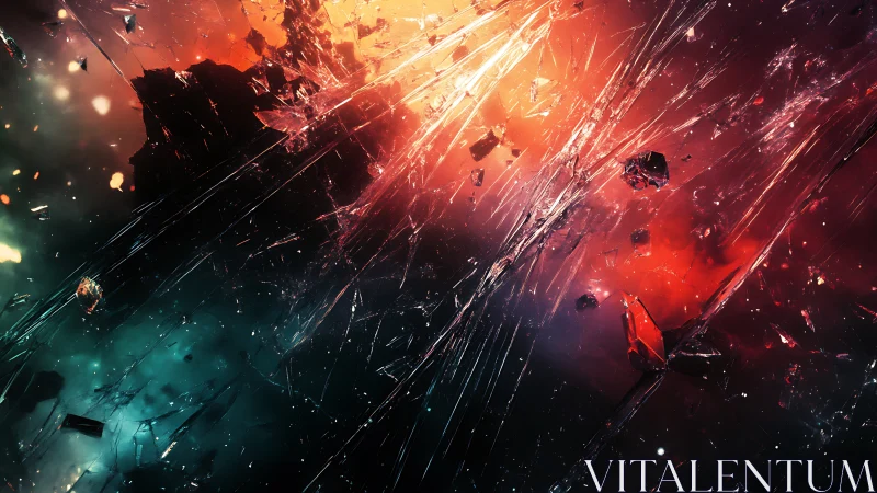 Fractured cosmic nebula with high-velocity glass-like debris vectors