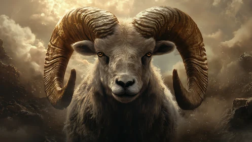 Symmetrical frontal ram portrait with highly detailed horn topology