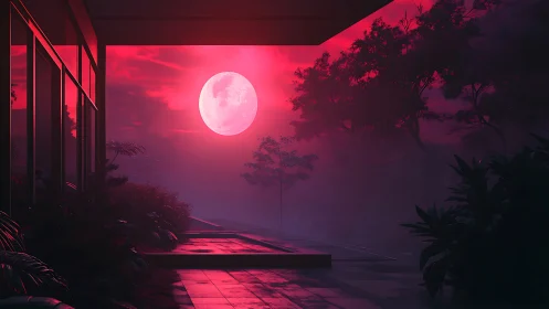 Moonlit terrace under neon red sky, misty forest horizon.