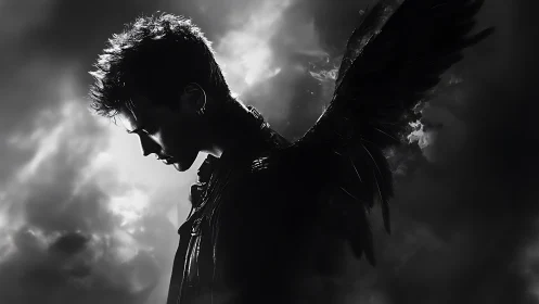 Brooding winged rebel poised in storm-lit monochrome gloom.