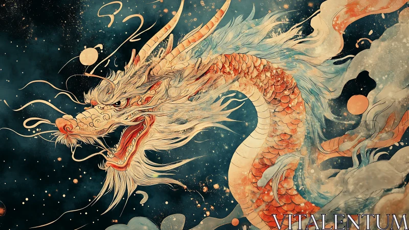 Fiery oriental dragon swirling through a deep night sky.
