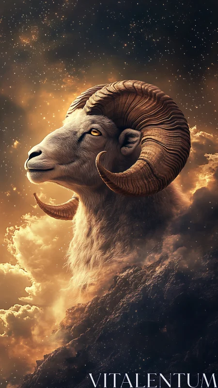 Starlit ram ascends through molten clouds and cosmic dusk.