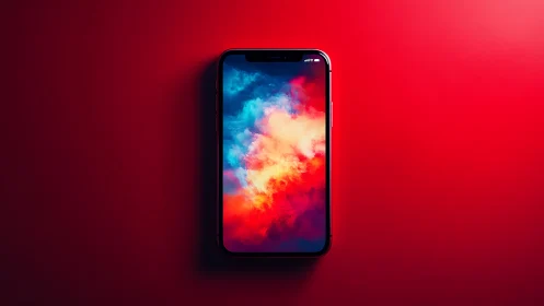 Pocket nebula ignites within sleek smartphone altar of red.