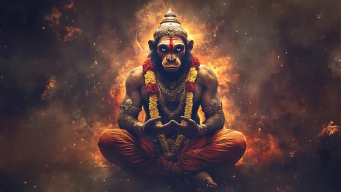 Meditative simian deity amid blazing cosmic firestorm.