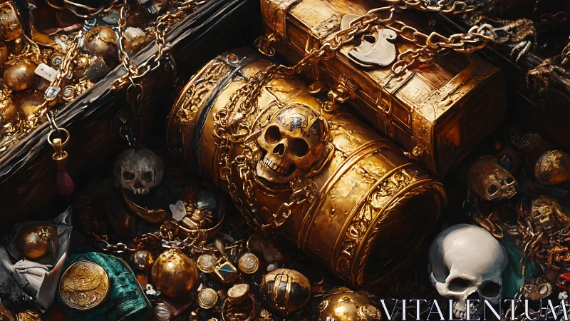 Golden pirate hoard with chained skull chest and treasure.