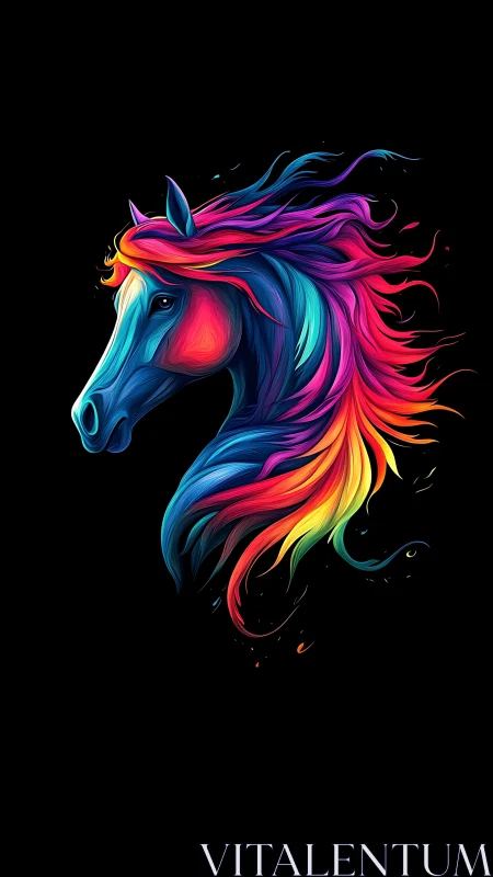 Prismatic stallion portrait with flowing neon mane digital.