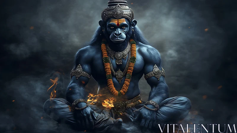 Majestic blue simian guardian meditates in fiery stillness