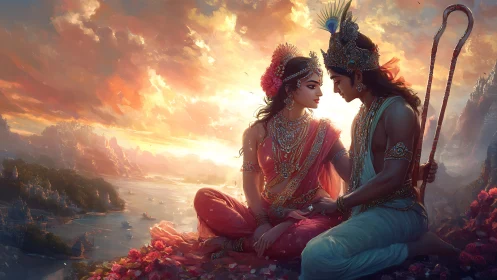 Sunset reverie of royal lovers above a river kingdom.