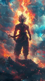 Digital painting of fiery warrior silhouette in apocalyptic sky.