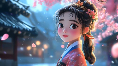 Anime girl in hanbok under soft twilight cherry blossoms.