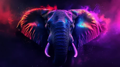 Neon-lit elephant emerges from cosmic clouds in vivid color