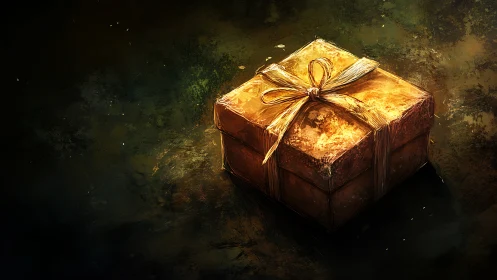 Golden gift box glows softly in a dark, painterly space