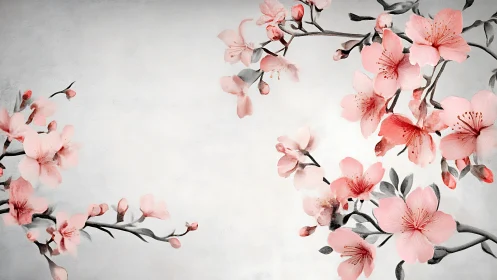 Pink cherry blossoms branch across neutral textured background space.
