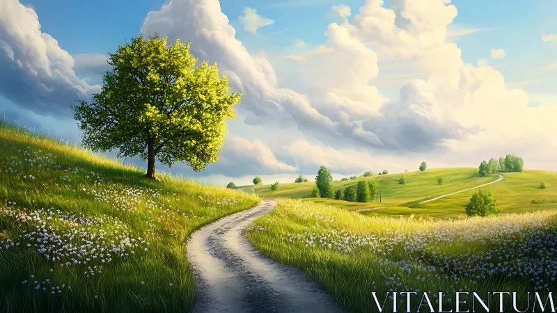 Curving dirt road crosses sunlit meadow hills under clouds