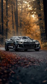Black sports coupe on forest road in autumn light.