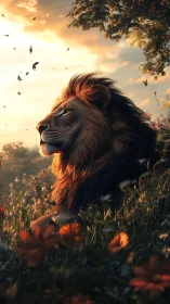 Male lion in side profile within sunlit meadow at dusk.