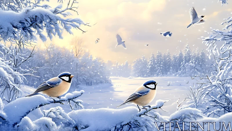 Two small birds sit on snow covered branches in winter