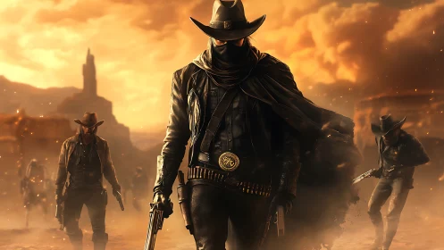 Masked gunslinger leading armed group in dusty western town.
