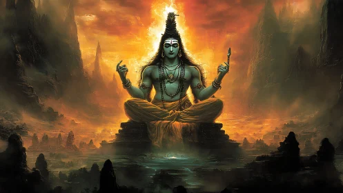 Blue-skinned deity seated in meditation amid fiery canyon