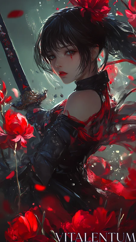 Scarlet blade and midnight blooms around a quiet warrior.