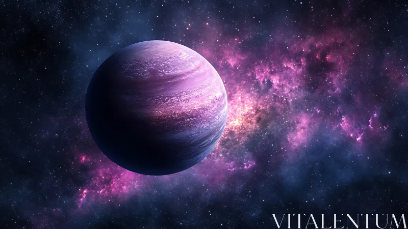 Radiant purple planet drifts gently through glowing cosmic clouds