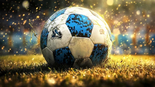 Glowing soccer ball resting on wet grass at golden sunset.