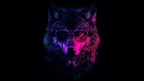 Neon gradient wolf portrait with sunglasses on black ground
