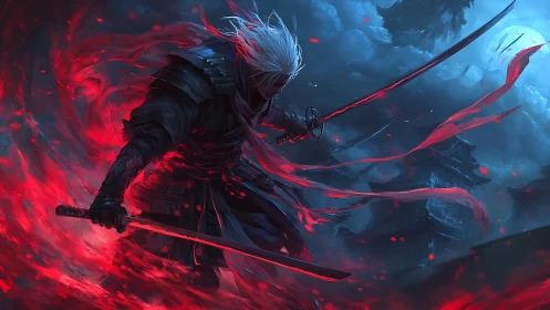Vengeful samurai unleashes crimson energy in a stormy night
