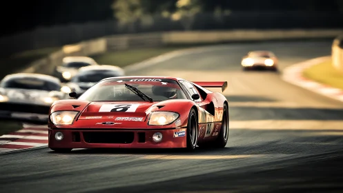 Red endurance race car leading fast pack on sunset circuit.