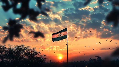 Photorealistic sunset skyline with silhouetted national flagpole.