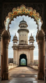 Photorealistic Mughal gateway with central minaret framed in arch.