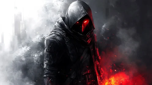 Hooded wraith in ember-lit urban fog, red eyes burning.