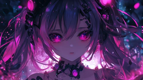 Cybernetic girl glows with neon magenta luminescent gaze.