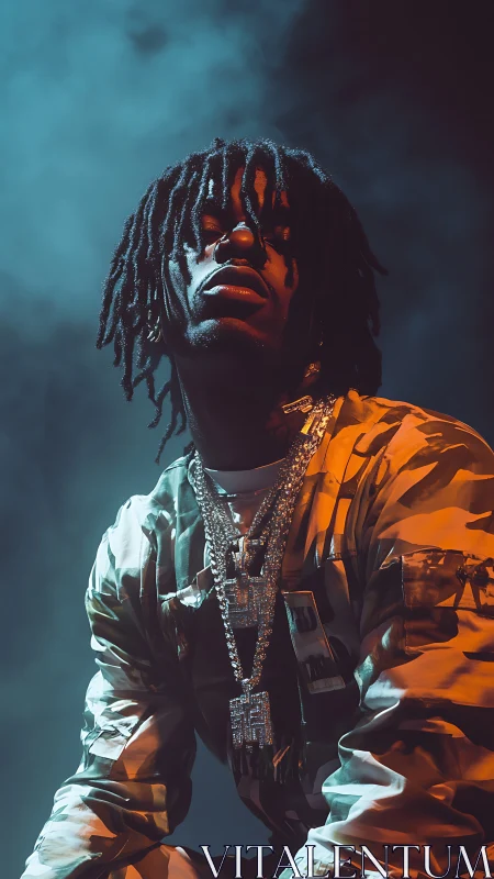 Portrait shows seated man in camo jacket under dramatic lighting