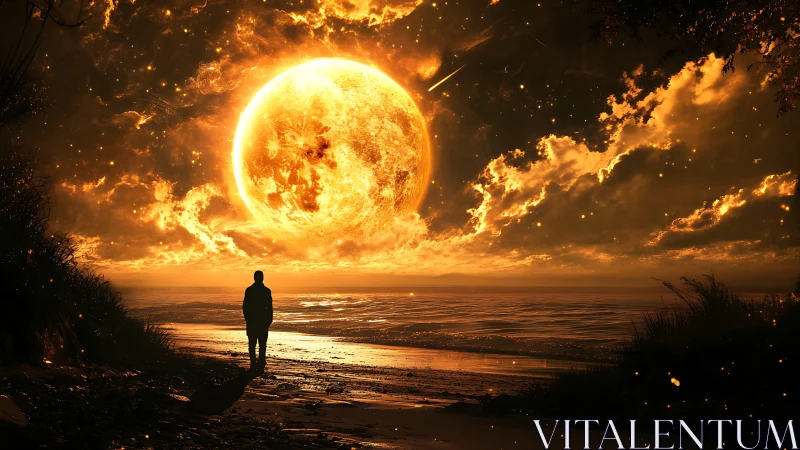 Silhouette on shore under giant glowing celestial sphere.