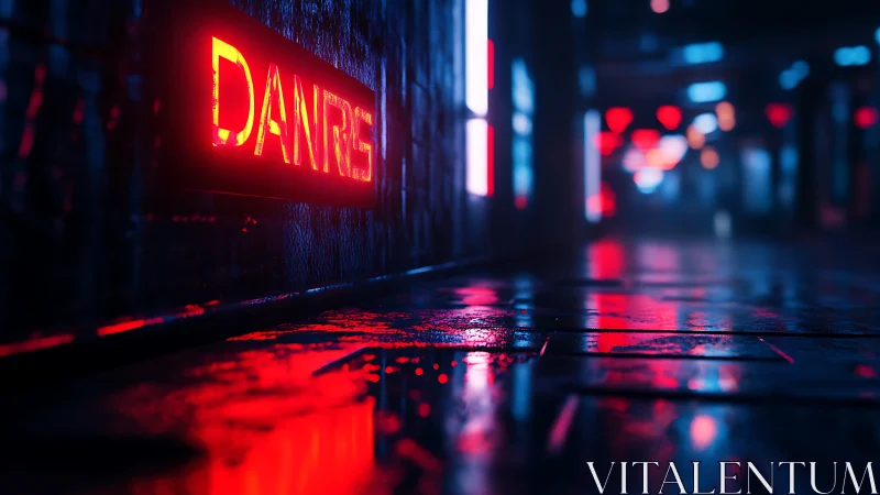 Neon danger sign in wet cyberpunk alley at night.