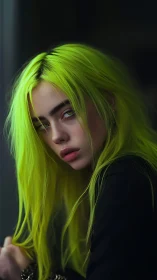 High‑contrast portrait with neon green hair and shallow depth of field