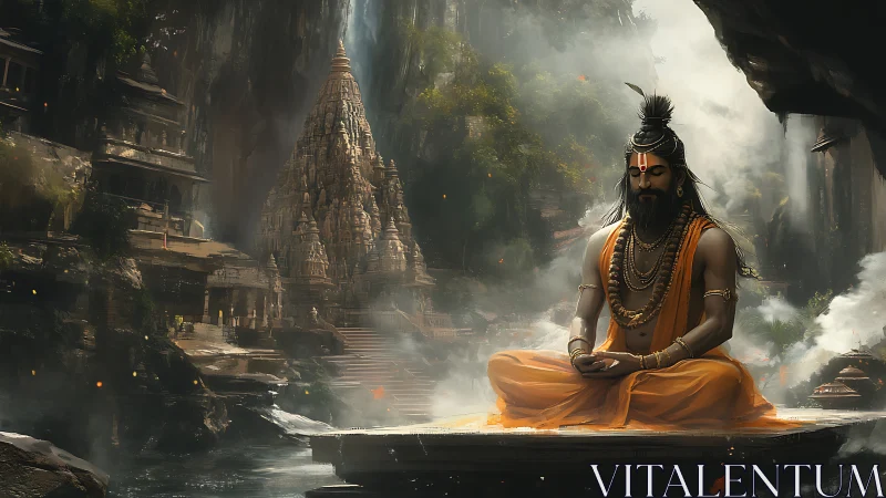 Meditating sage in orange robes before misted rock-cut shikhara temple