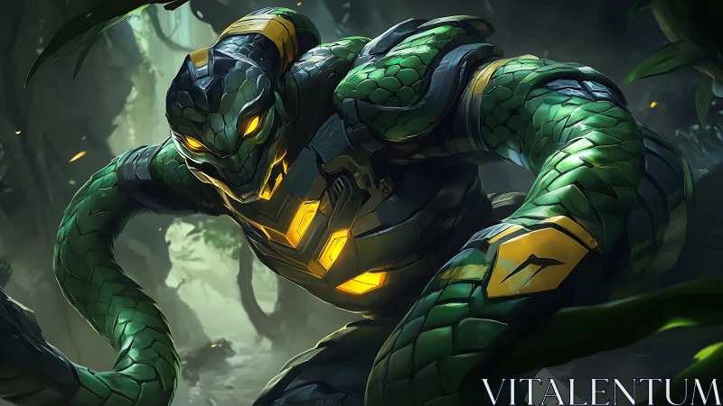 Cyborg snake warrior advances through dense jungle setting
