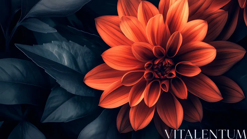 Red Dahlia Bloom Against Deep Teal Foliage