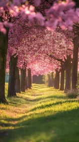 Photorealistic cherry blossom all&eacute;e with axial perspective.