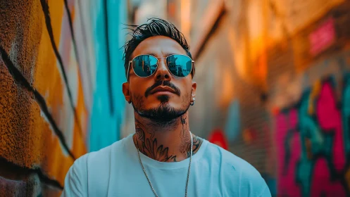 Reflections in chrome shades rewrite a neon-splashed alley