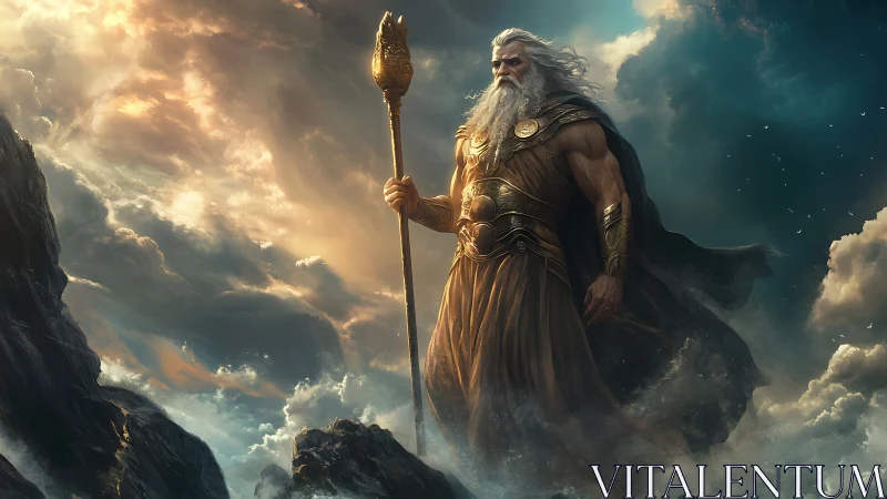 Mythic robed figure with staff stands on rocky peak amid clouds