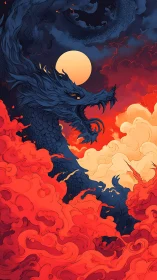 Coiled navy dragon silhouettes against high-contrast red storm clouds