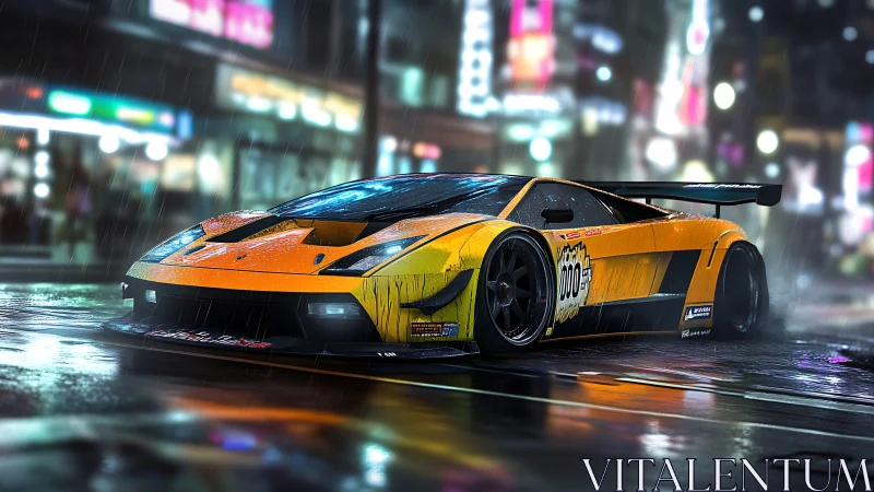 Neon-soaked race car idles on wet city street at night