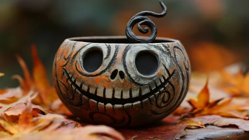 Grinning pumpkin cauldron rests amid glowing autumn leaves