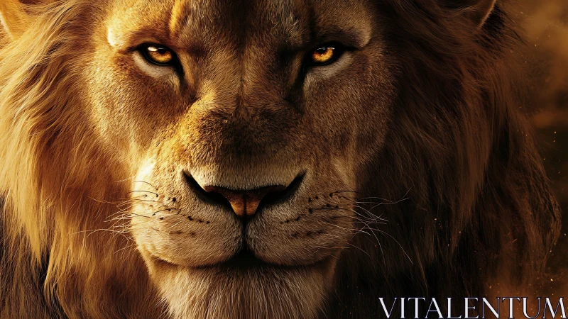 Golden-eyed lion stares forward with calm, imposing power.