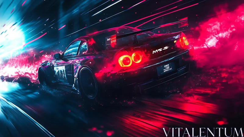 Sports coupe moves through neon-lit tunnel with light trails