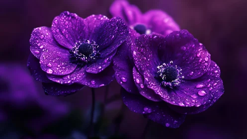 Purple Anemone Flowers with Morning Dew Droplets.