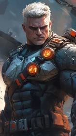 Battle-worn cyber guardian pauses in a storm of sparks.